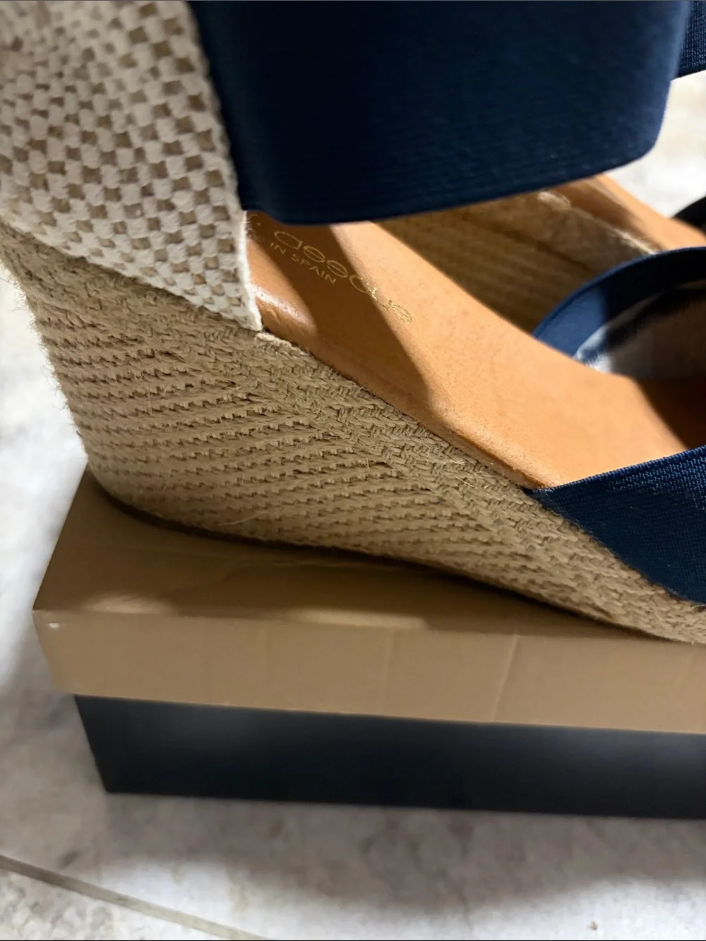 Andre Assous Navy Canvas Espadrille Wedge with Elastic Ankle Strap